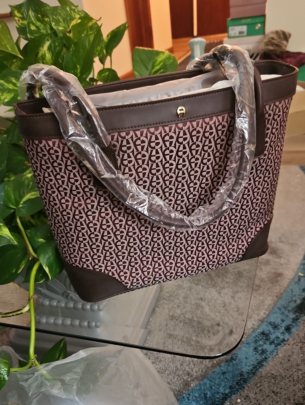 Etienne Aigner Brown and Rose Patterned Tote